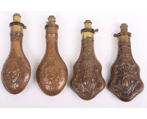 Antique Powder Flasks: Vintage brass and copper body flasks, all with decoration to body and complete. 4 items 