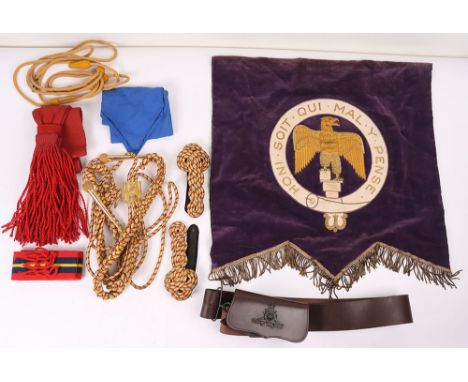 Royal Anglian Regiment Music Banner: Heavy gold wire stitched badge on purple banner with belts, RA badged leather pouch, aig