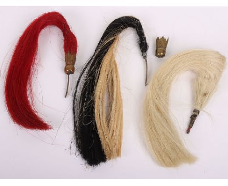 Helmet Plumes: Three vintage horse hair helmet plumes white, red and black/white , two with brass end caps in used condition.