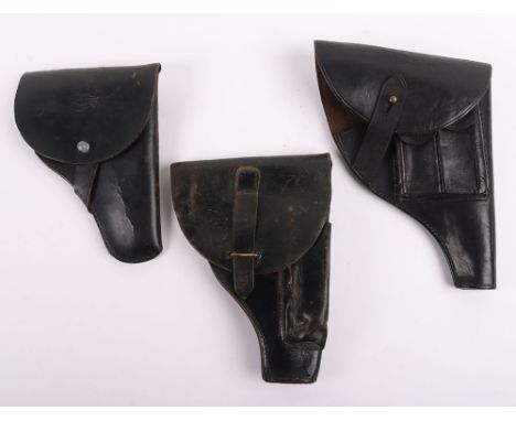 Three Leather Pistol Holsters, German, Italian & Portuguese, Leather holsters all black. A Portuguese M1918 Savage Holster, g