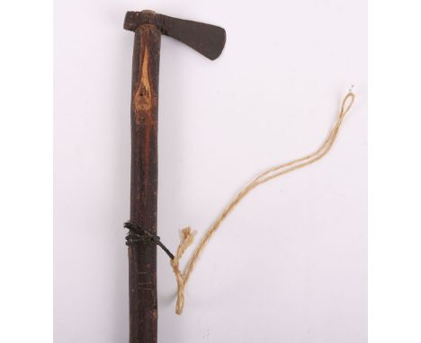 Vintage Ethnic Small Axe: Small head iron axe with some decoration on wood handle, 81 cms long. 