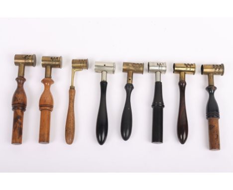 Antique Gun Powder / Shot Measures: Vintage powder measures six with brass measures on wood handles and two in white metal wi