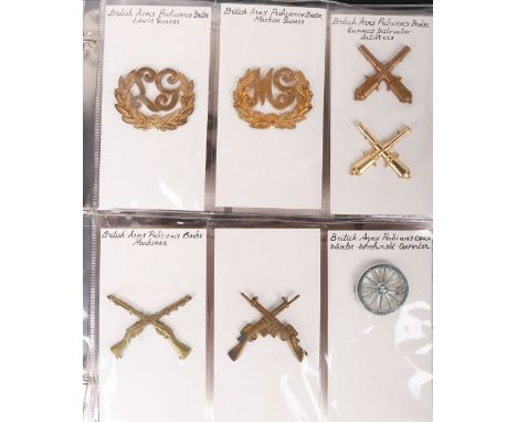 Folder of British Army Proficiency badges. Lot includes gilding Metal, white metal, cloth, chrome & anodised examples. Badges