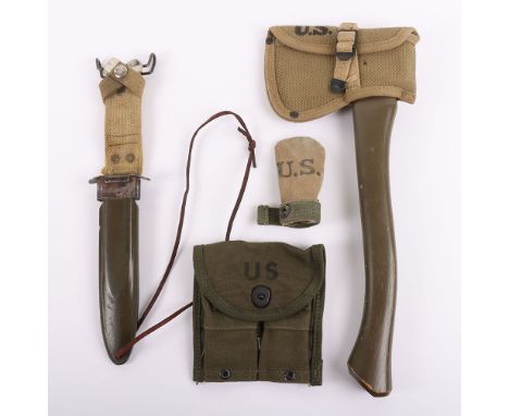 WW2 US Army Equipment, Axe, Scabbard, Etc, Original M8A1 Scabbard for the M3 knife, 1941 dated axe and pouch, nice condition.