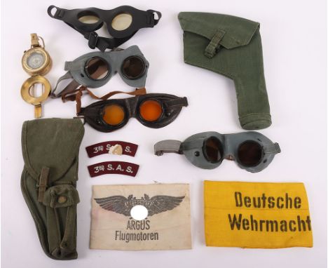 Mixed Militaria, Goggles, Holsters, Flag, Armbands, Compass, A mixed array of militaria, including a 44 pattern holster, and 