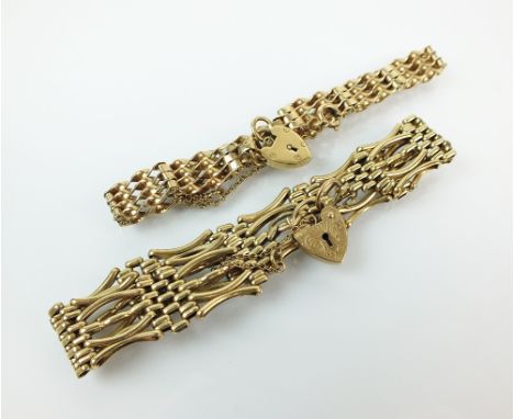Two 9ct gold gate link bracelets, each with heart shaped padlock clasp, total weight 25g (2)