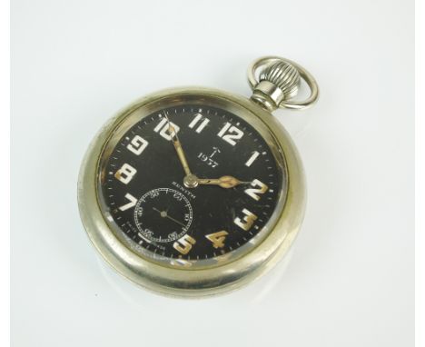 A Zenith military watch, the black circular dial with subsidiary dial and white Arabic numerals, the back engraved  with Arro