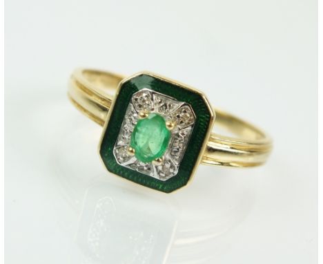 A 14ct gold emerald, diamond and enamel cluster ring, designed as a central oval mixed cut emerald claw set within a diamond 