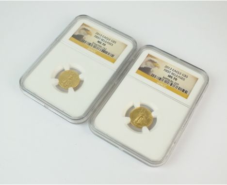 United States of America, two $5 gold coins, dated 2013 (first release) MS70, each within N.G.C. American Numismatic Associat