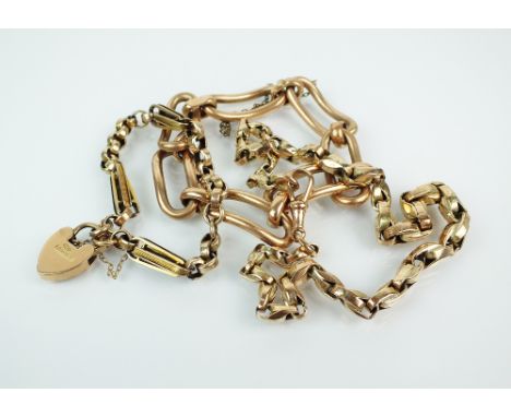 A yellow metal chain, with 9ct gold swivel, together with a 9ct gold bracelet and a yellow metal elongated link bracelet, sta