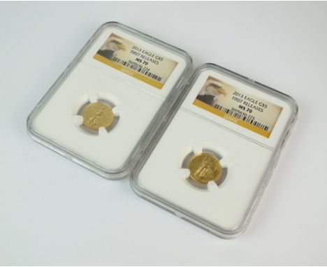 United States of America, two $5 gold coins, dated 2013 (first release) MS70, each within N.G.C. American Numismatic Associat