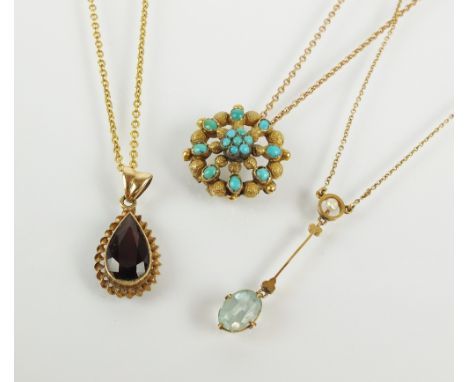 An early 20th century aquamarine and seed pearl set pendant on chain, the chain stamped '9ct', together with a 9ct gold mount