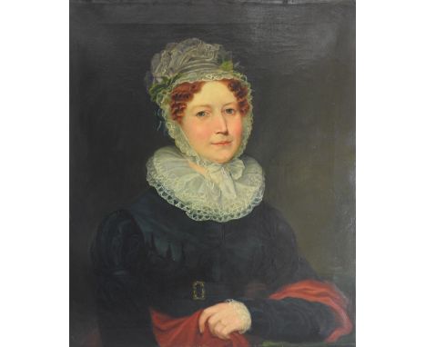 English School, 19th Century,Portrait of a lady, possibly Mary Marshall, head and shoulders wearing a white lace bonnet and r