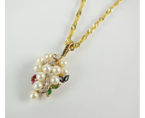 A 9ct gold cultured pearl, diamond, ruby, sapphire and emerald stylised grape pendant, suspended from 9ct gold chain with bol