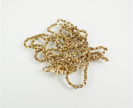 A yellow metal chain necklace, with attached swivel, not stamped, 90cm long, weight 15gms
