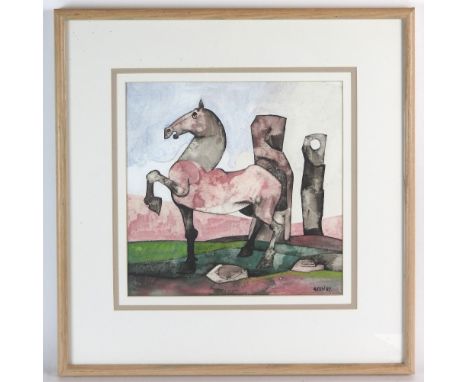 Geoffrey Key (B.1941) Horse with gate post, signed lower right and dated '87, The Gallery, Manchester's Art House, 131 Portla