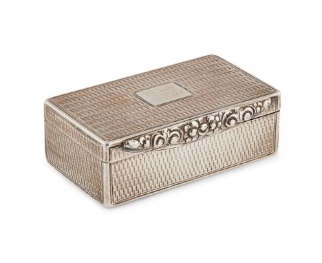 maker's mark only, the rectangular box with all over engine turned decoration, the cover with presentation cartouche ‘A Frien