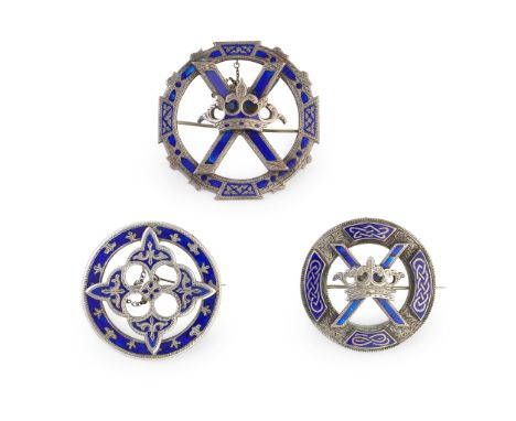 to include a circular example with blue enamel Celtic knot panels to border set with saltire and crown to centre; a circular 