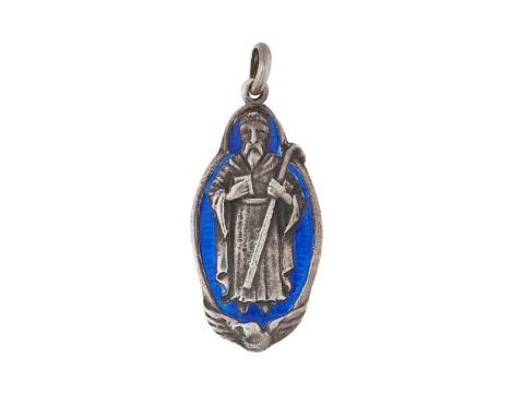 Birmingham 1933, the shaped oval pendant with figure of St Columba with blue enamel surround, the reverse integrally signed S
