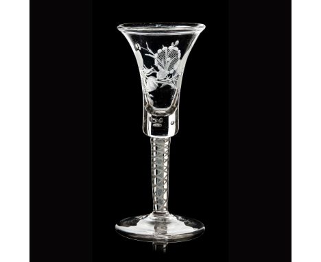the flared bowl engraved with rose head with foliate and forget-me-not flowers, raised on a multi enamel twist stem and sprea