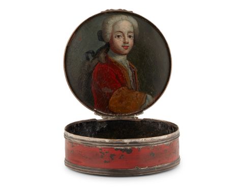 the circular red enamel snuff box with reeded rims and scalloped thumb piece, the interior of lid with oil on copper half-len