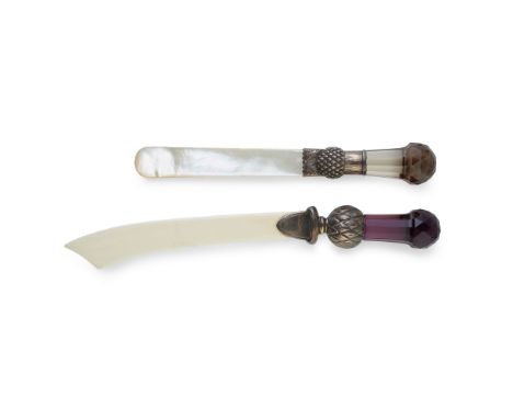 each with silver thistle formed handle with large faceted smoky quartz and amethyst handles, with tapered mother of pearl and