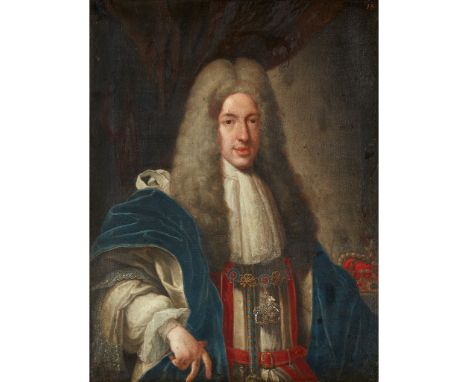 King James in blue velvet cloak and with Order of the Garter, crown adjacent; the Princess in blue cloak and jewelled bodice,