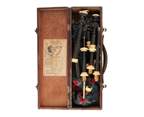 with later covered tartan bag and ivory mounted pipes and chanter, the chanter with stamped mark P HENDERSON GLASGOW, the sta