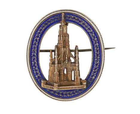 of oval outline with blue and white enamel border, with applied detail of The Scott Monument, unmarked(42mm x 35mm)
