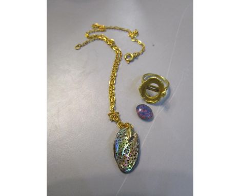 An 18ct yellow gold Australian opal ring (opal loose), 5.2g and an unmarked yellow metal and stone pendant necklace 