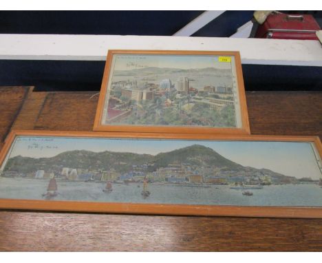 Two machine woven tapestry pictures of Hong Kong views over the harbour, presentation inscriptions dated 1960 