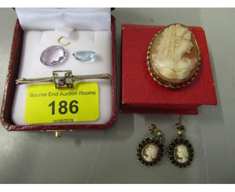 A 9ct gold framed shell cameo portrait brooch, a pair of 9ct gold shell cameo ear pendants surrounded by garnets and a 9ct go