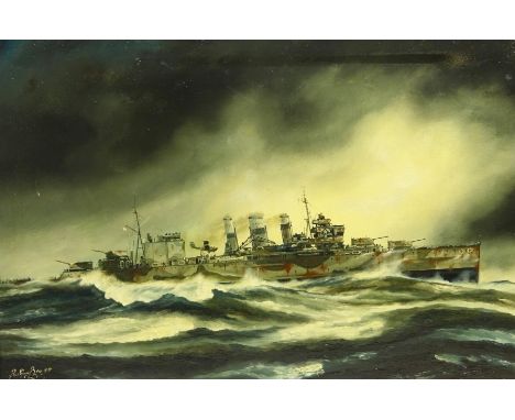  Peter Gerald Baker (British 20th century): Naval Ship's Portrait - 'HMS. Suffolk in North Atlantic Patrol 23rd May 1941 in S