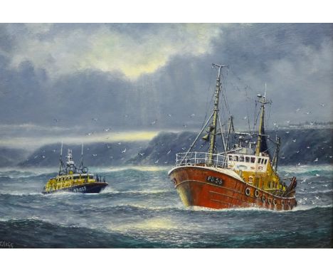 Jack Rigg (British 1927-): Poole Lifeboat 47-023 and a Peterhead Trawler off the Coast, oil on board signed 44cm x 65cm DDS -
