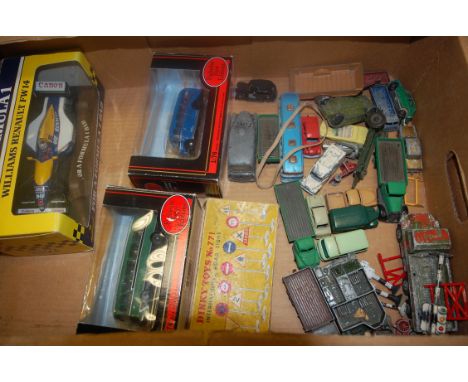 A box of assorted loose and playworn diecast toy vehicles to include Dinky Toys Viceroy coach together with boxed modern issu