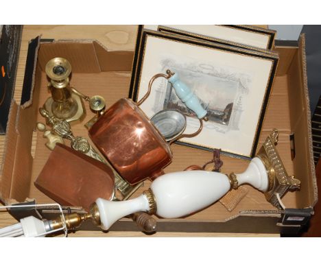 A collection of miscellaneous items to include a gilt metal mounted table lamp and various sporting prints etc.