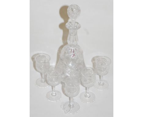 A mid-20th century etched glass liqueur decanter and stopper; together with a matching set of five glasses (6)