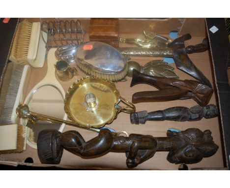 A box of miscellaneous items to include early 20th century continental carved softwood figural nutcracker, an Indonesian Kris
