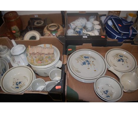 Five boxes of china, glassware and miscellaneous items to include; Penthouse Pavement cottages, Carnival glass, part Royal Do