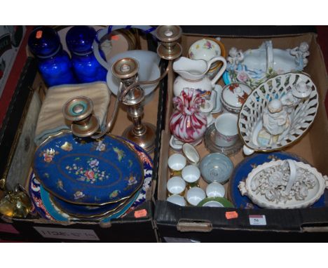 Two boxes of miscellaneous items to include; 19th century Crown Derby meat plate, Copeland Spode dinner wares, Continental po