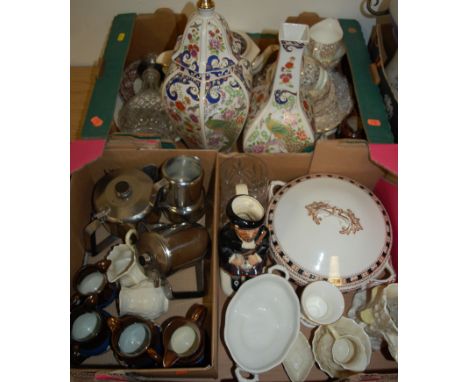 Two boxes of miscellaneous items to include a Woods Highlander character jug, white metal mounted decanter, copper lustre jug