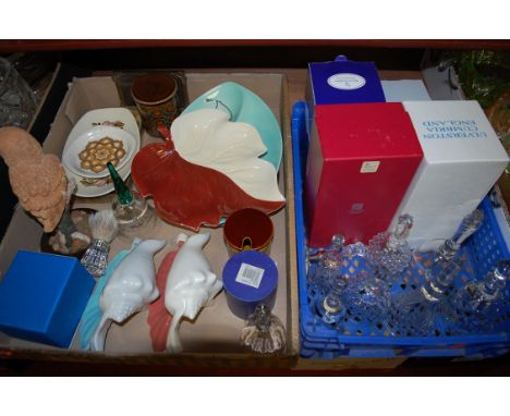 Two boxes of miscellaneous china and glass to include; Poole Pottery conch shell ornaments