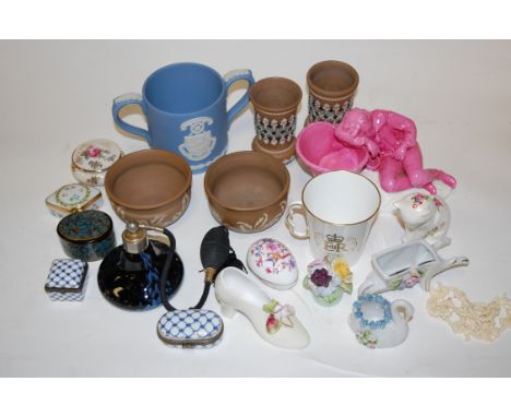 A pair of Doulton Lambeth silicon ware miniature vases; together with a Wedgwood blue jasper ware commemorative loving cup; t