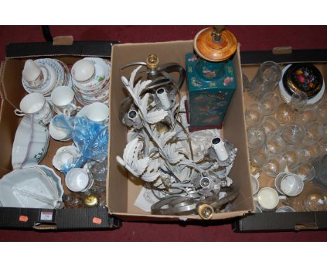 Three boxes of miscellaneous items to include; Franklin Mint Cordon Bleu moulds, part tea service, Chinese style lamp base et