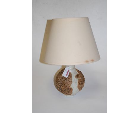 A Bernard Rooke studio pottery table lamp, having applied leaf and bird decoration, with remains of paper label verso