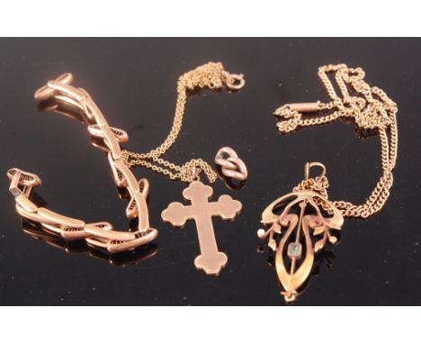 A 9ct gold expanding bracelet together with a 9ct pendant on finelink neck chain, an Art Nouveau 15ct openwork pendant (a/f) 