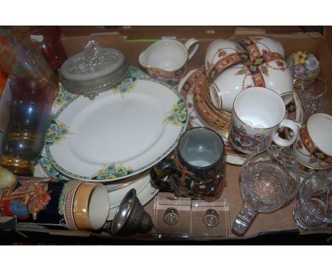 A box of miscellaneous china and glass to include; part tea service, Continental beerstein etc 