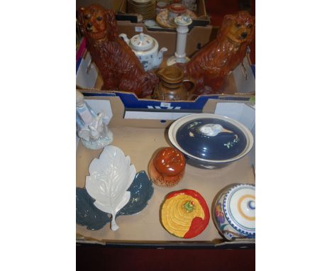 Two boxes of miscellaneous china to include a Nao figure of girl with geese, Carltonware leaf dish, Poole pottery biscuit bar