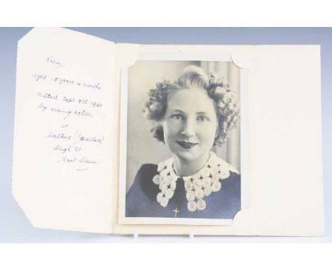 A WW II black and white portrait photograph of a young lady, mounted in a card hand written to the opposing side "Rosie aged 