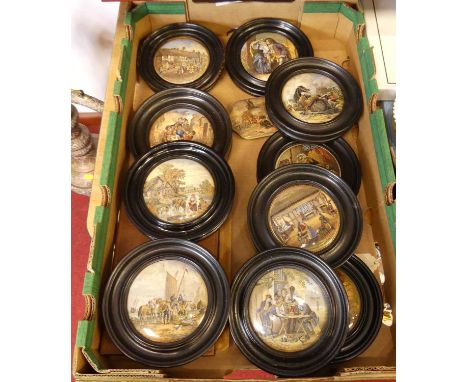 A collection of Victorian prattware pot lids, mainly in ebonised frames, 10cmAll crazed.Some chipped.All discoloured.A couple